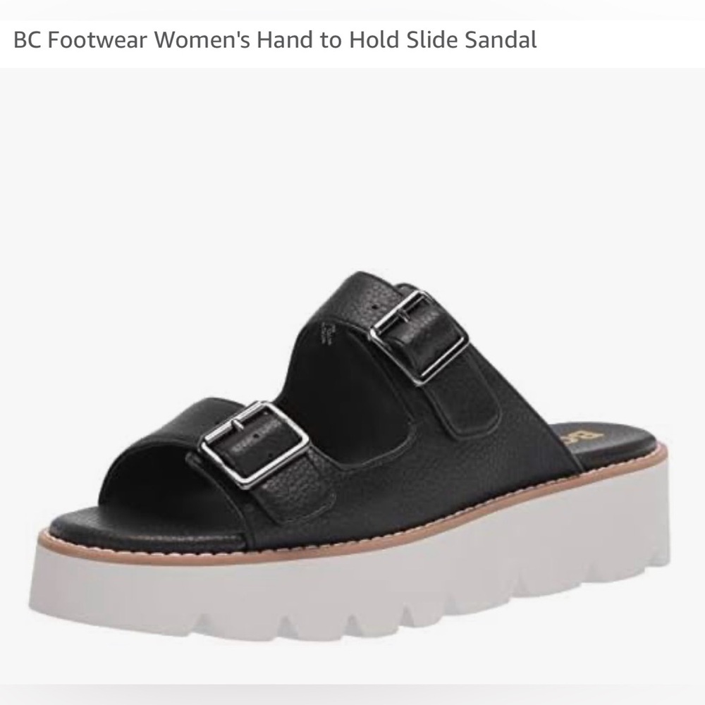 BC Footwear Women's Hand to Hold Black V-Leather Slide Sandal Double Buckle, 8.5